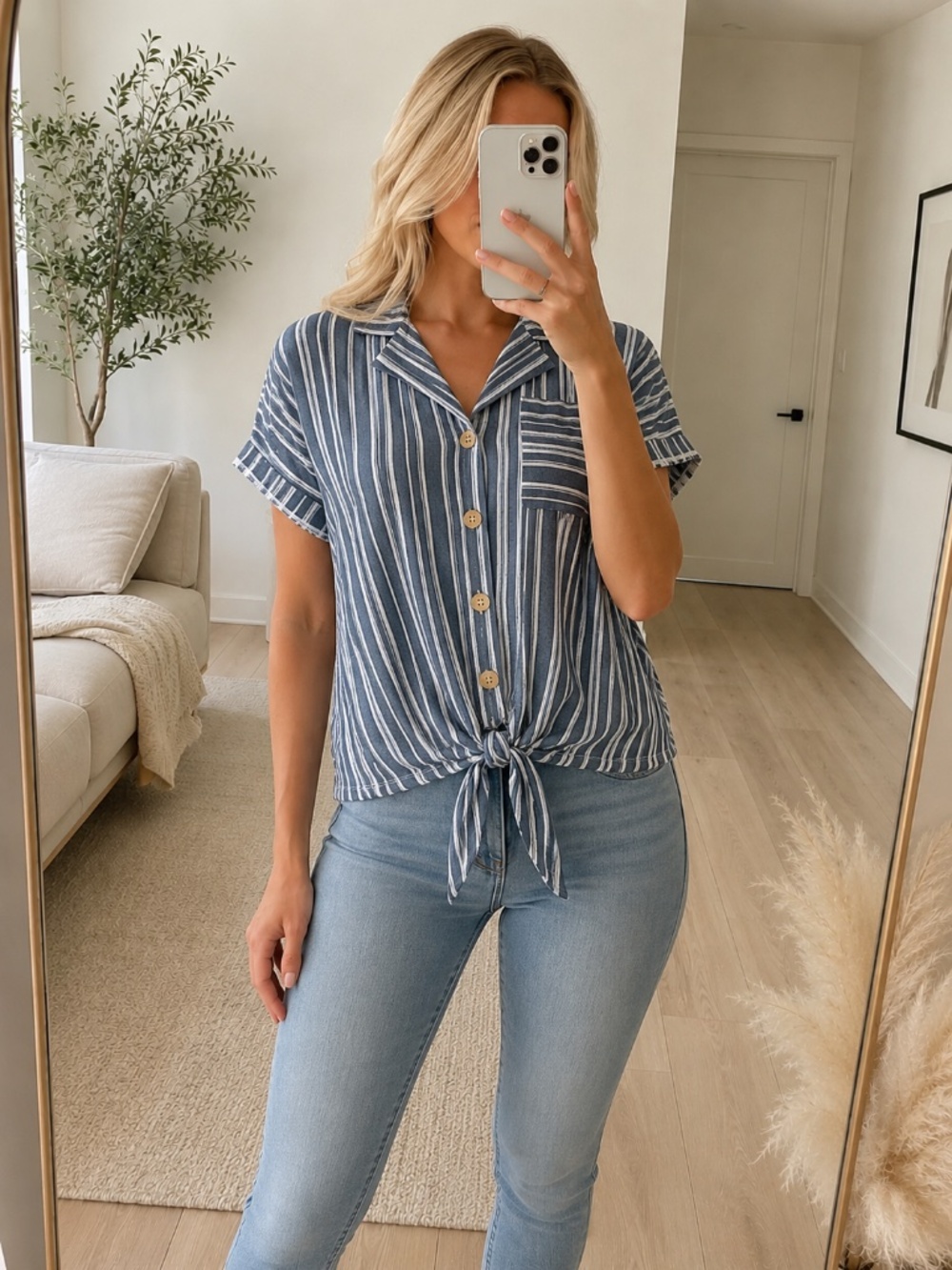 Faith and Joy Blue Striped Front Tie Blouse Small